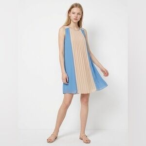 Costa Blanca Tan & Blue Pleated Midi Dress  XS NWT